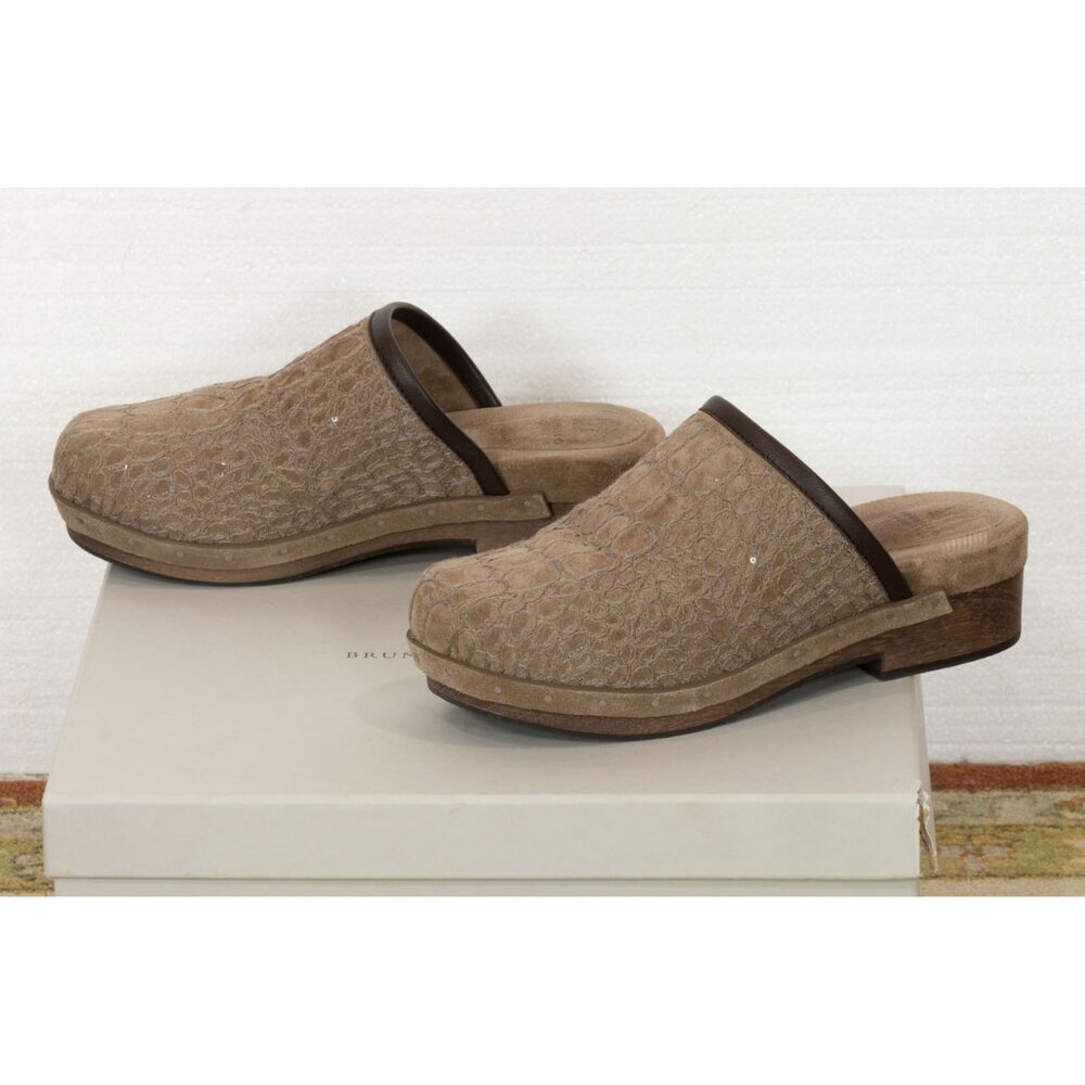 $1490 BRUNELLO CUCINELLI BEIGE SUEDE CLOGS/MULE WITH SEQUIN EMBELLISHMENT 37.5 - Picture 2 of 7